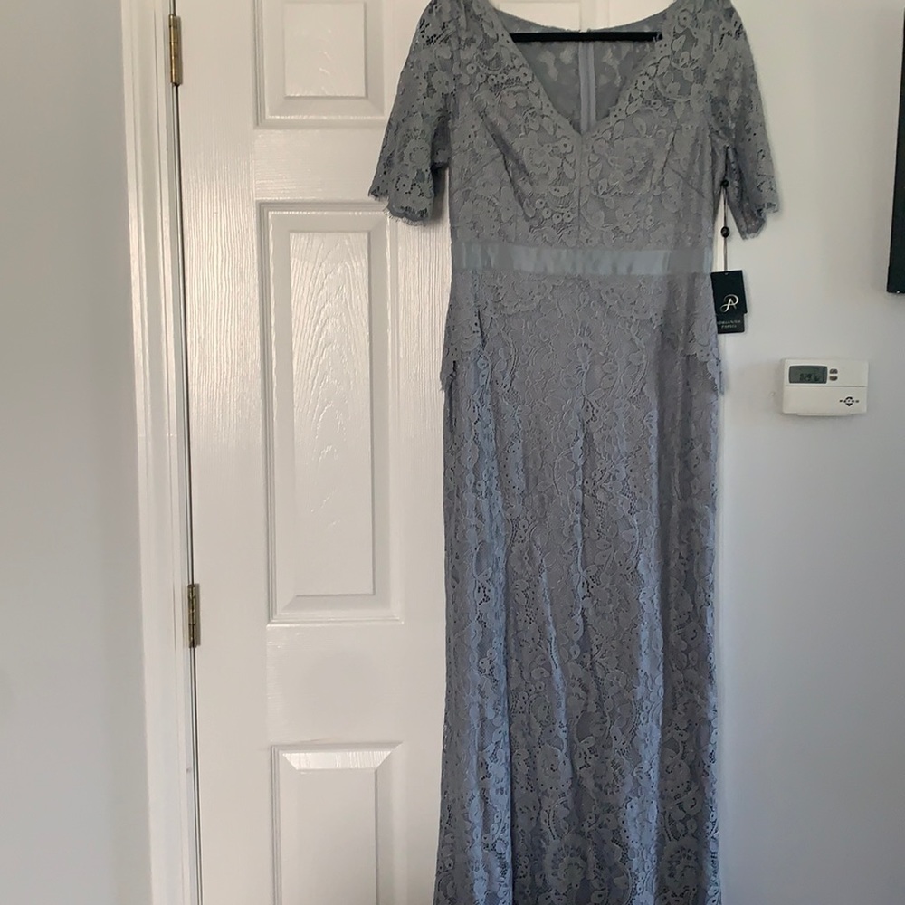 Adrianna Parpell long lace dress. Beautiful color gray.